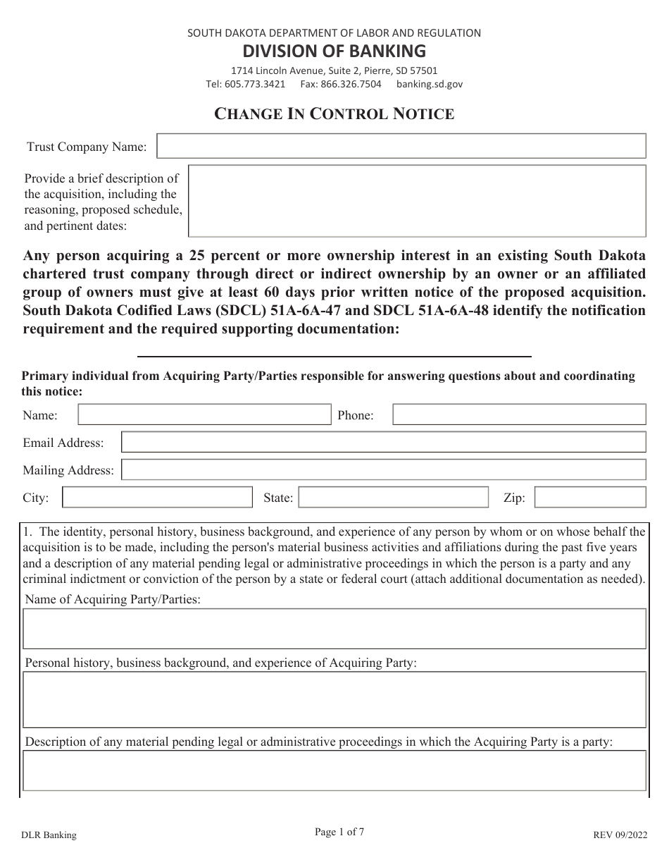 South Dakota Change in Control Notice - Fill Out, Sign Online and ...