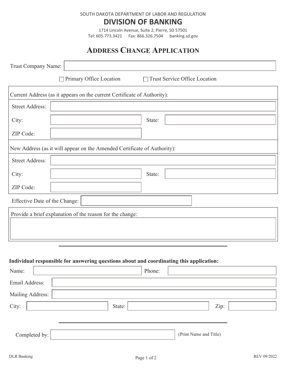 Address Change Application - South Dakota, Page 1