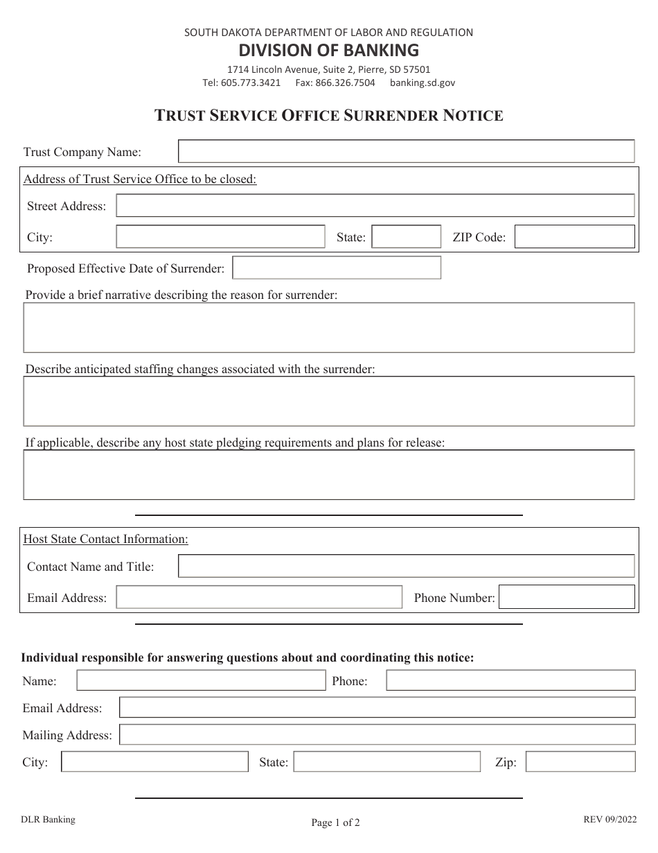 Trust Service Office Surrender Notice - South Dakota, Page 1