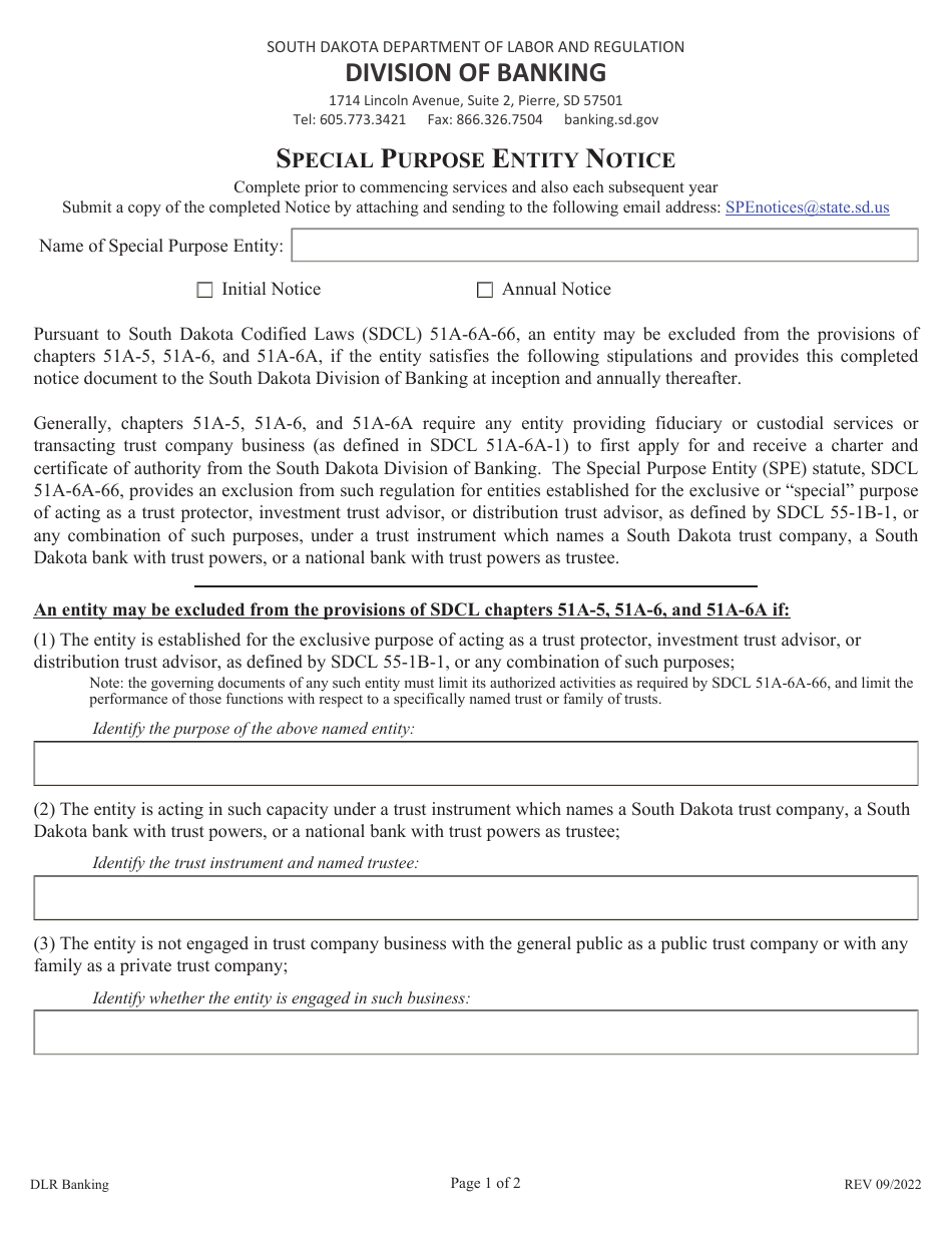 South Dakota Special Purpose Entity Notice Download Fillable PDF