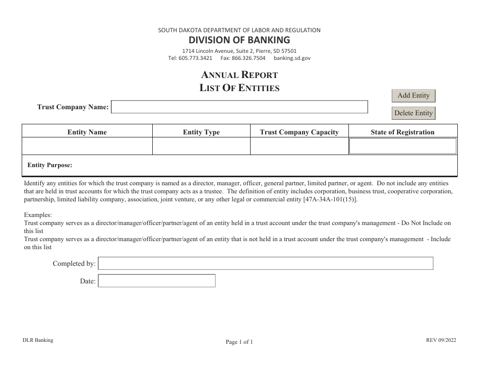 South Dakota Annual Report List of Entities Download Fillable PDF