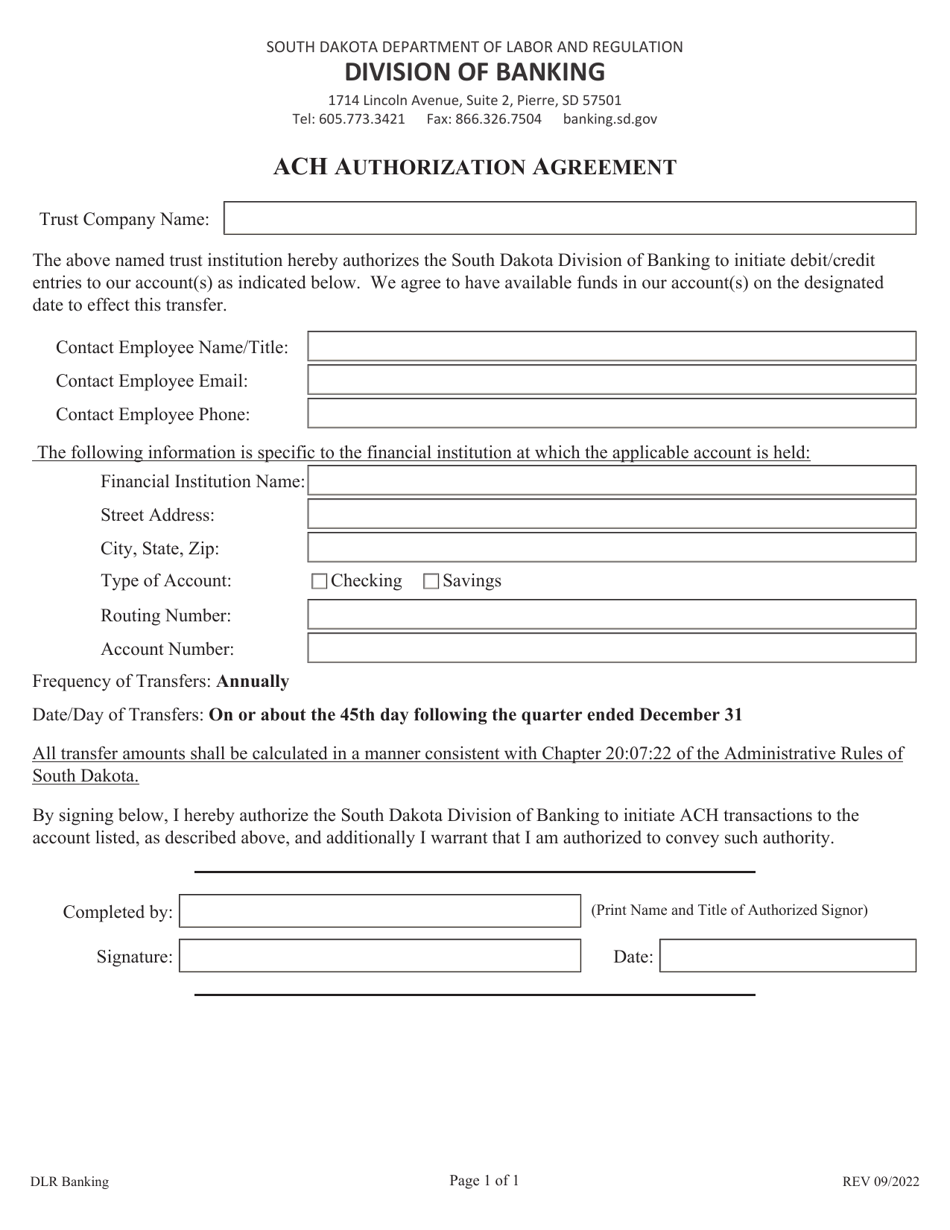 ACH Authorization Agreement - South Dakota, Page 1