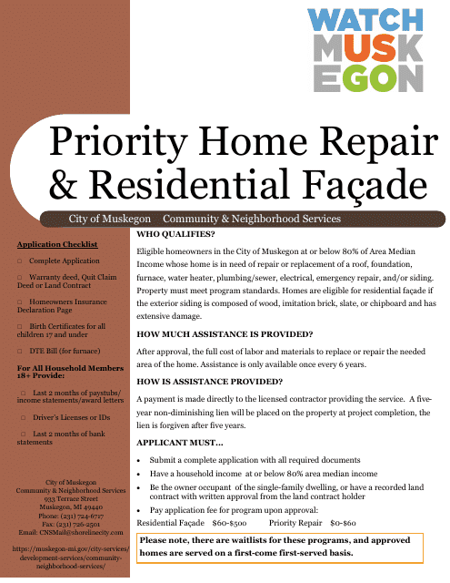 Priority Home Repair & Residential Facade Application - City of Muskegon, Michigan Download Pdf