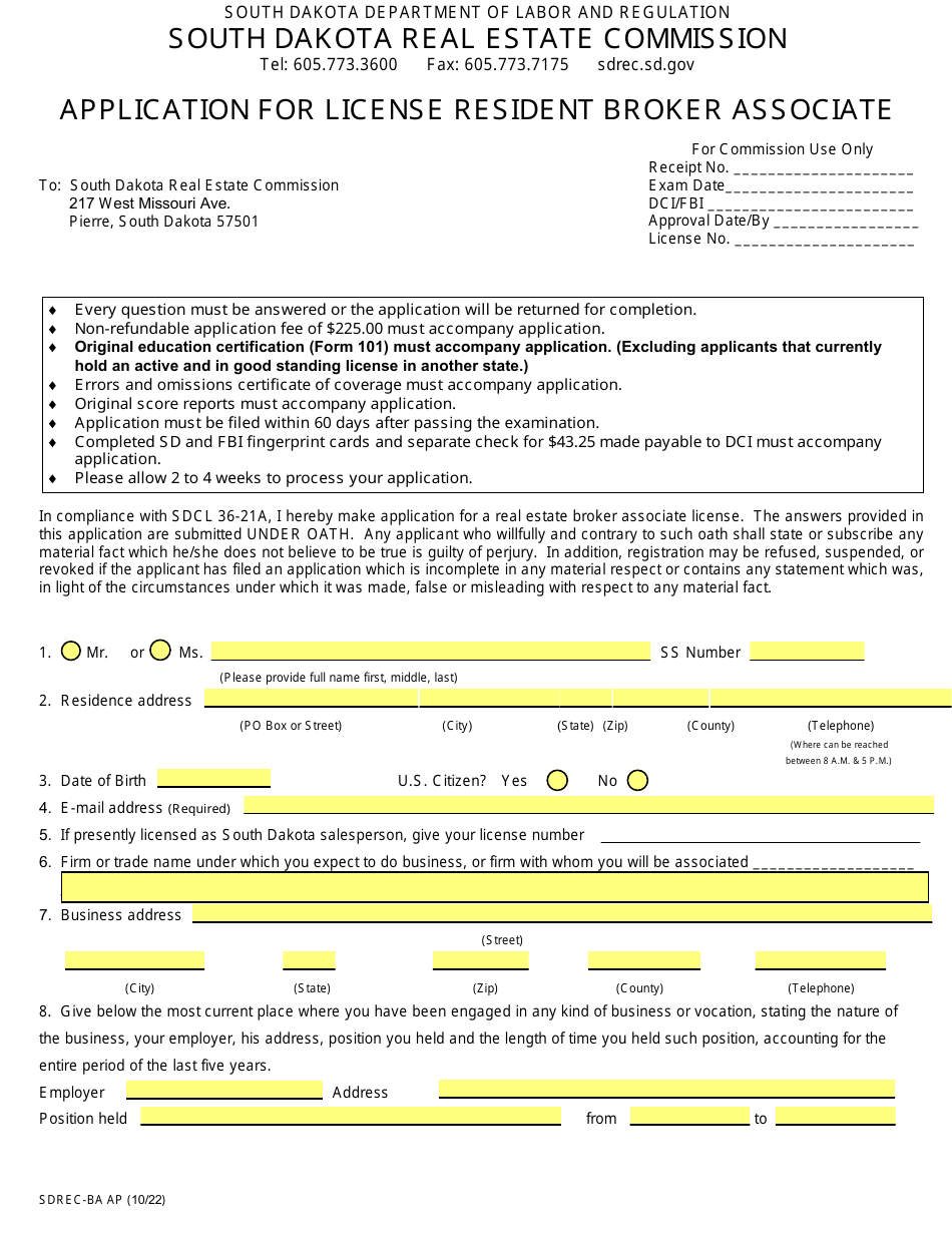 SD Form 0261 Application for License Resident Broker Associate - South Dakota, Page 2