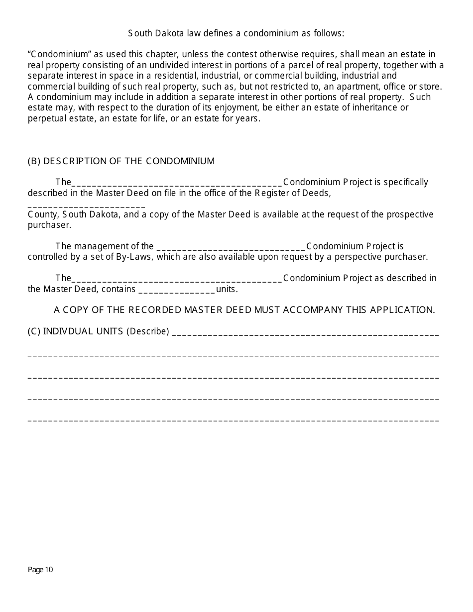 SD Form 0263 Application for Registration and Notice of Intention to Sell Condominium - South Dakota, Page 10