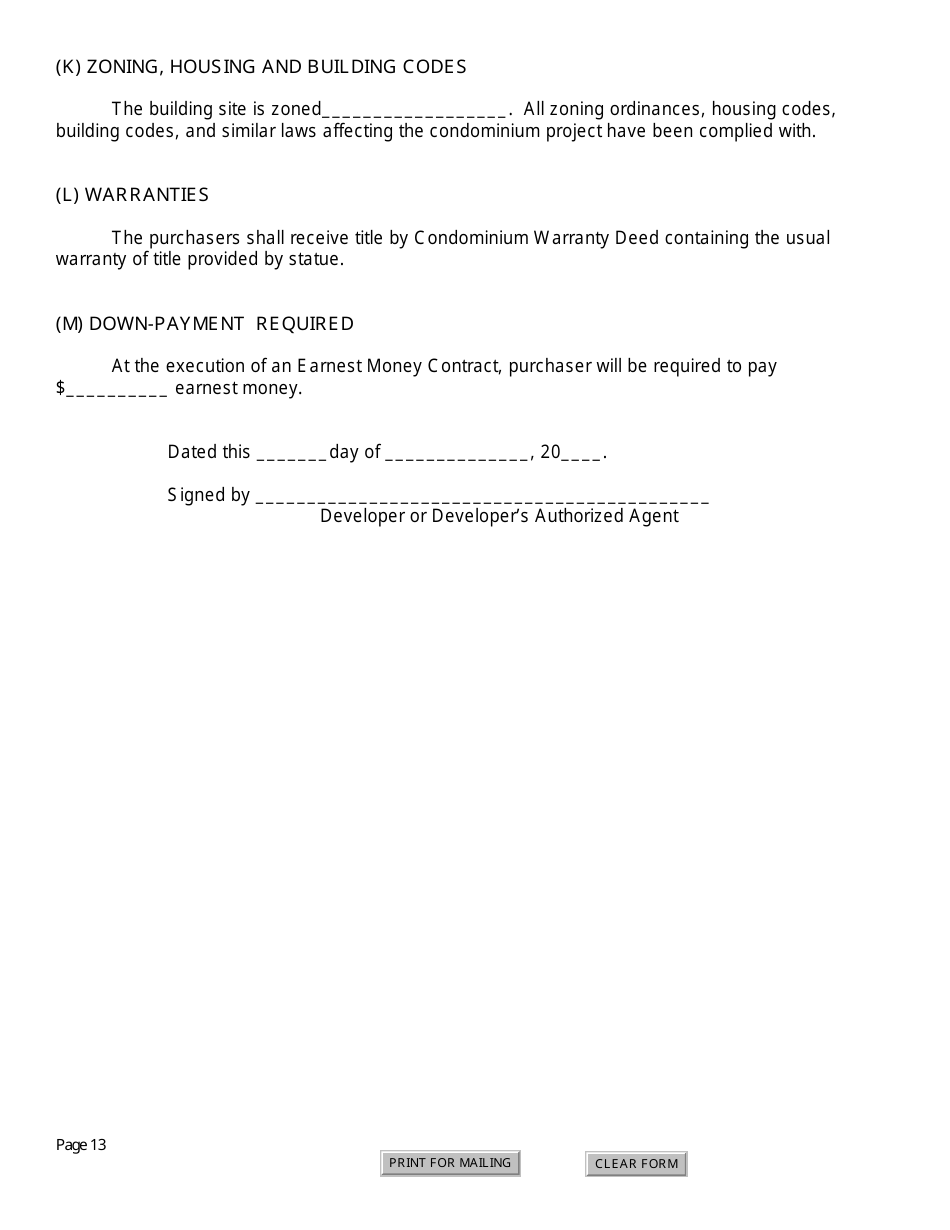 SD Form 0263 Application for Registration and Notice of Intention to Sell Condominium - South Dakota, Page 13