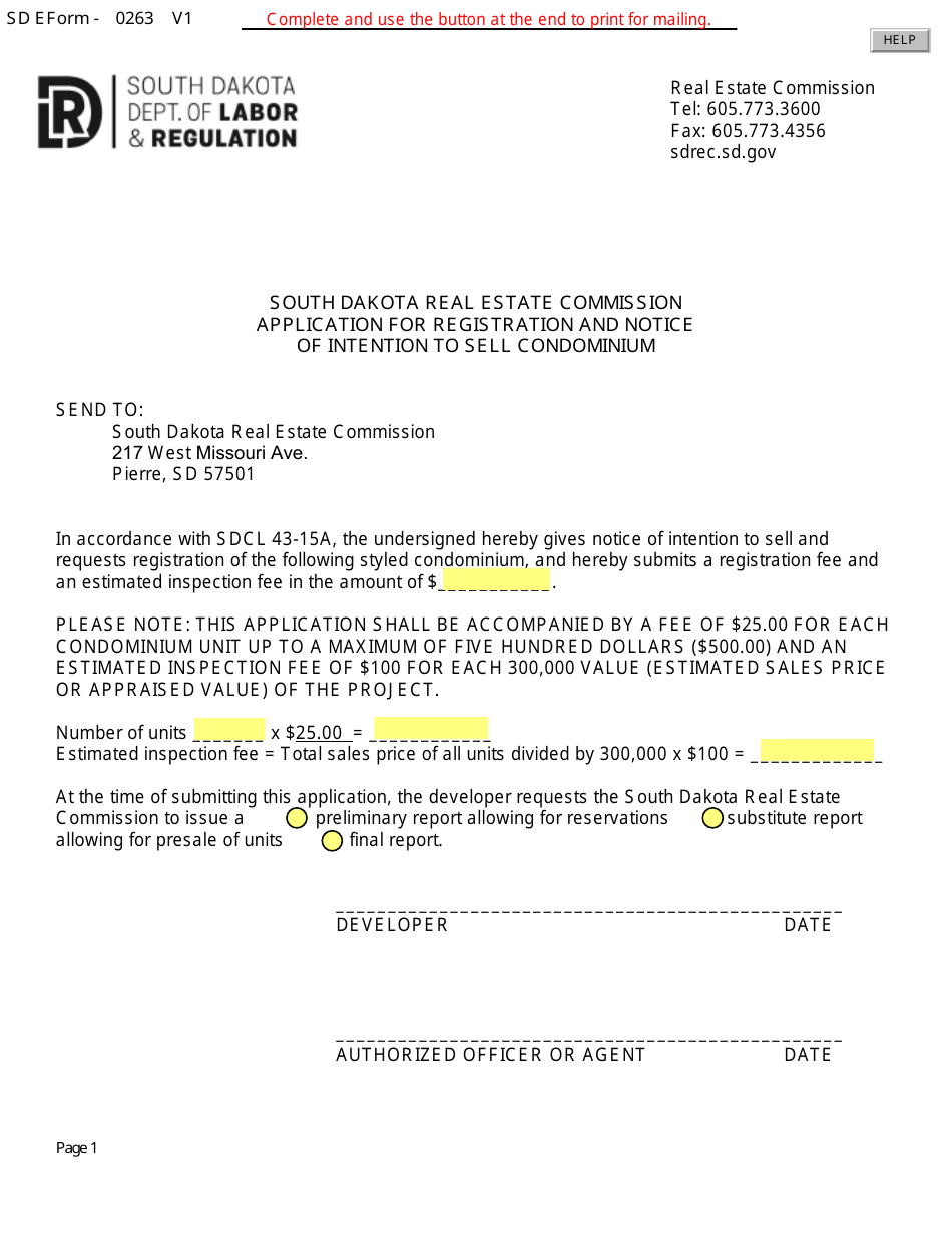 SD Form 0263 Application for Registration and Notice of Intention to Sell Condominium - South Dakota, Page 1