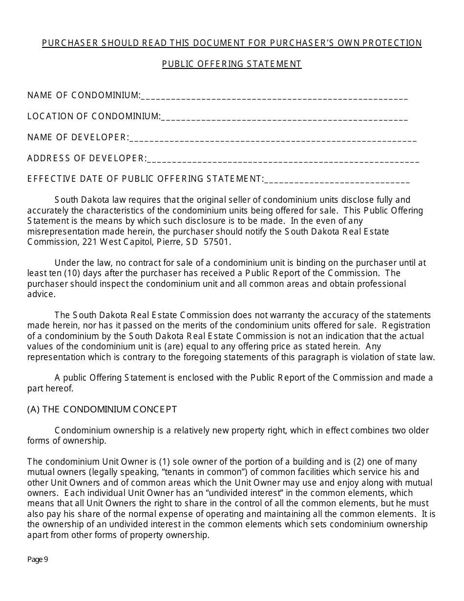 SD Form 0263 Application for Registration and Notice of Intention to Sell Condominium - South Dakota, Page 9