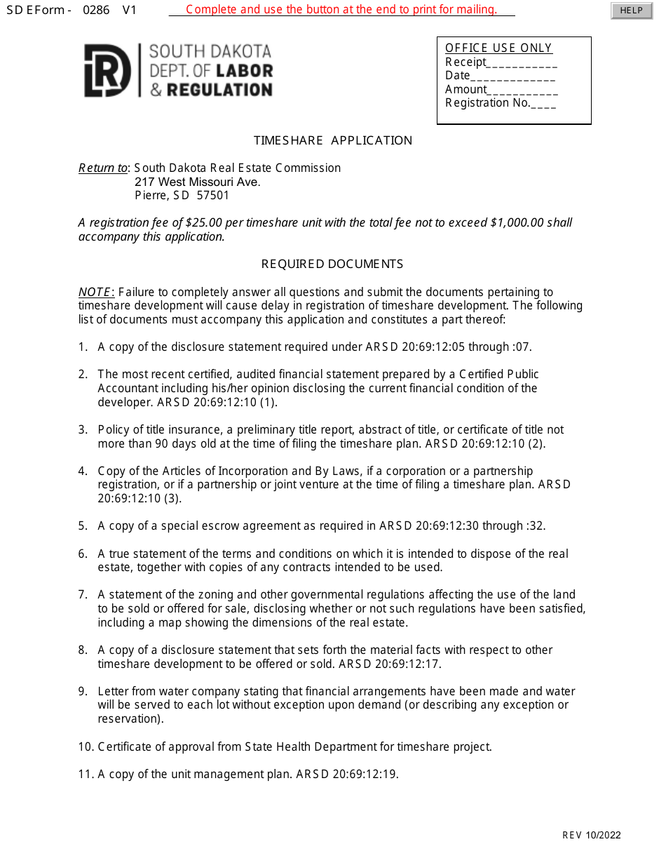 SD Form 0286 Timeshare Application - South Dakota, Page 1