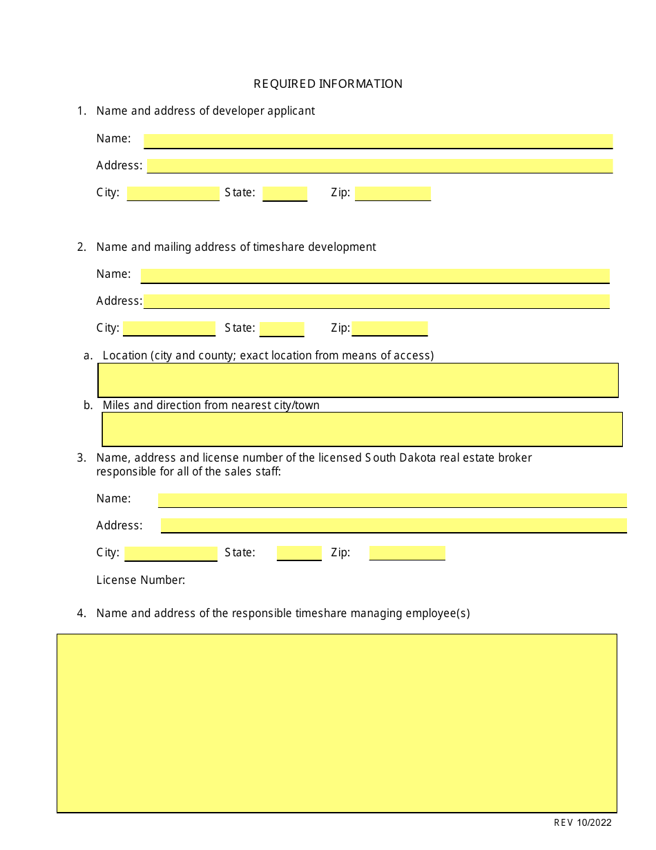 SD Form 0286 Timeshare Application - South Dakota, Page 2
