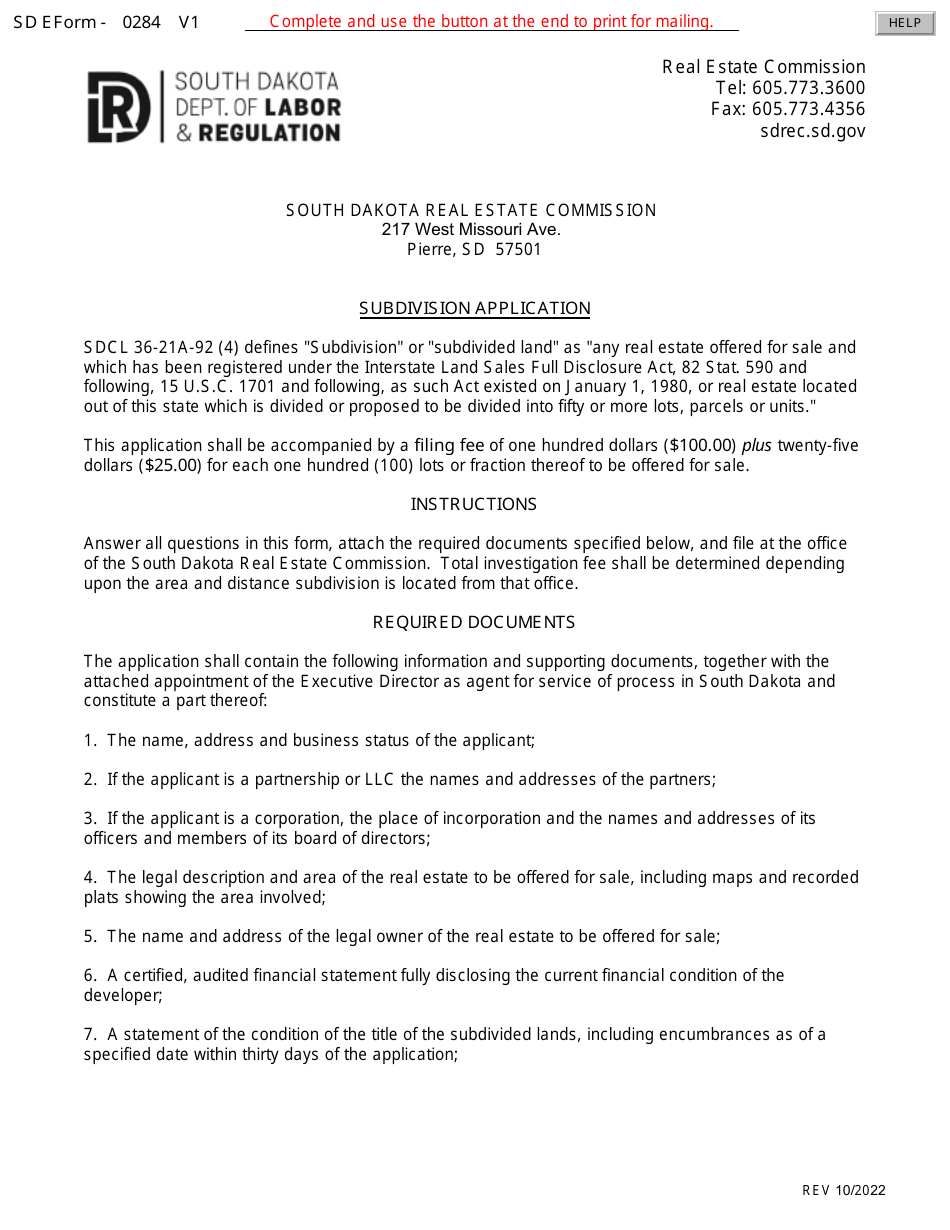 SD Form 0284 Subdivision Application - South Dakota, Page 1