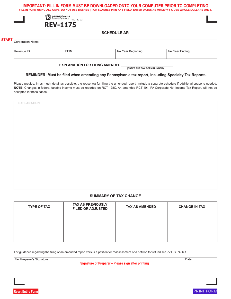 Form REV-1175 Schedule AR - Pennsylvania, Page 1