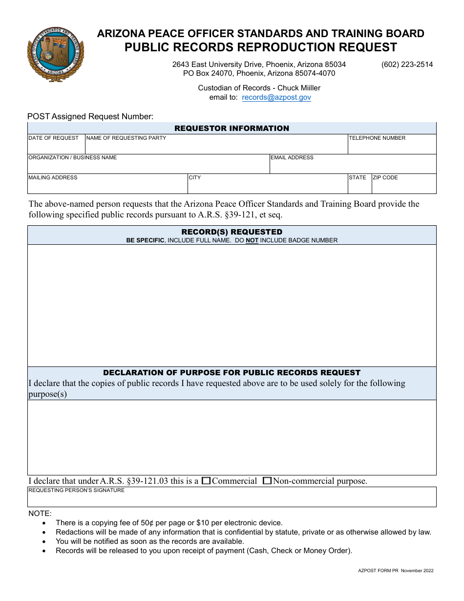 AZPOST Form PR Public Records Reproduction Request - Arizona, Page 1