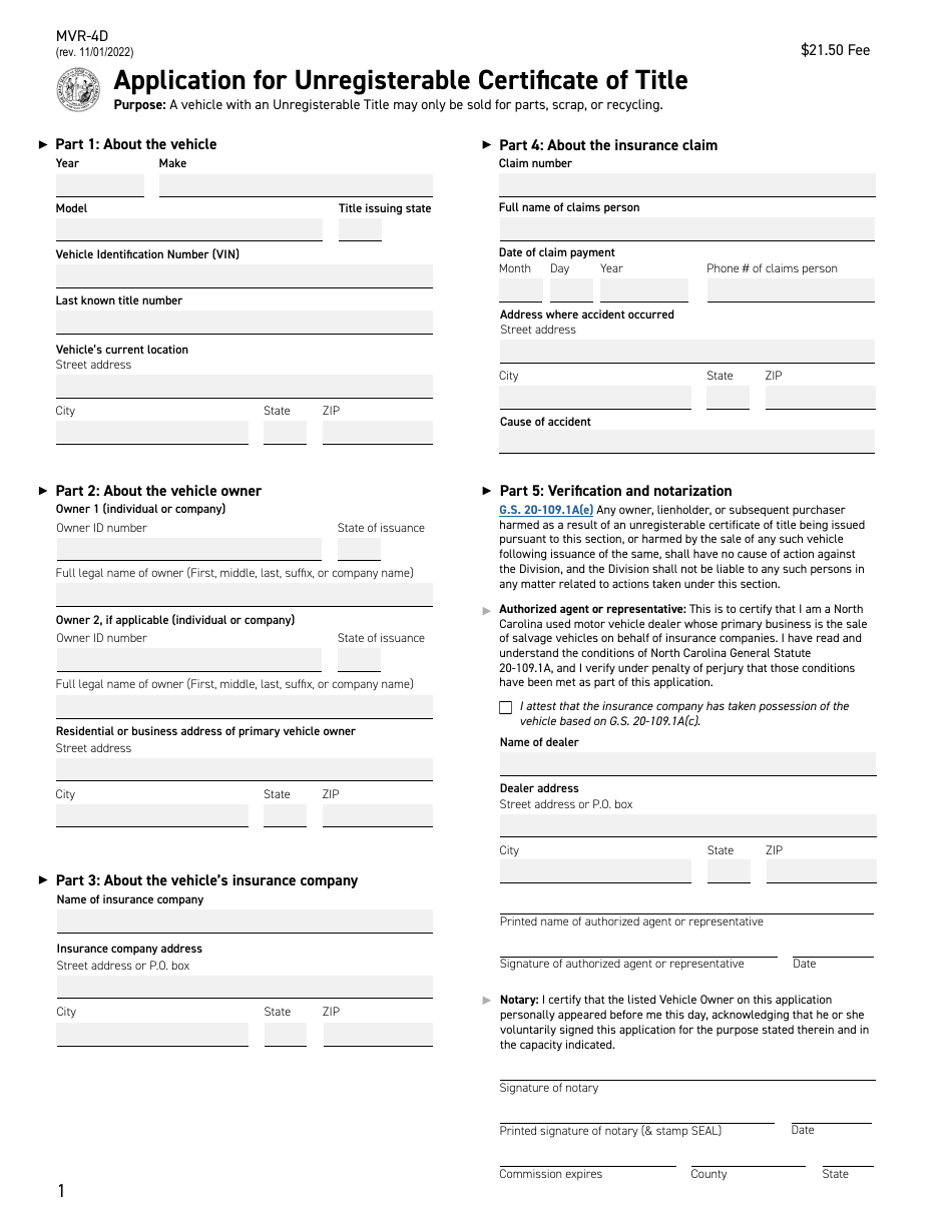 Form MVR-4D Application for Unregisterable Certificate of Title - North Carolina, Page 1