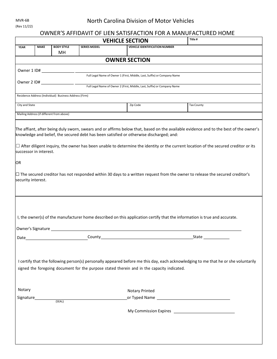 Form MVR-6B Owners Affidavit of Lien Satisfaction for a Manufactured Home - North Carolina, Page 1