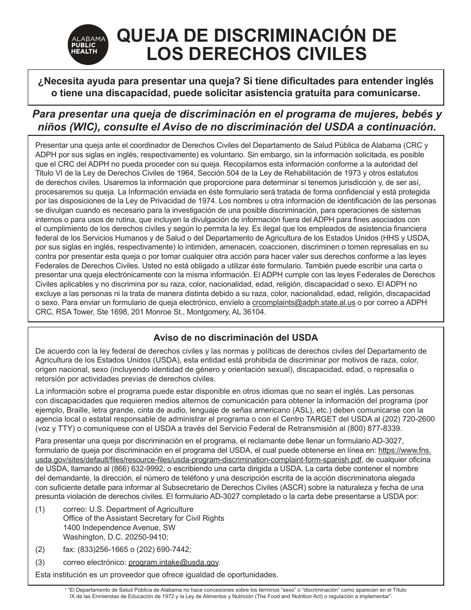 Reclamo Por Discriminacion De Derechos Civiles - Alabama (Spanish), Page 1