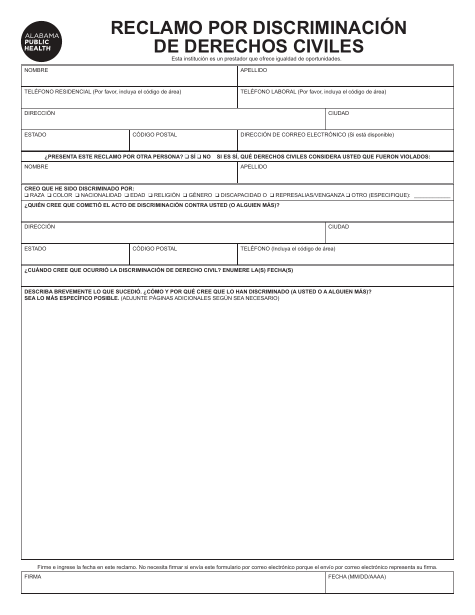 Reclamo Por Discriminacion De Derechos Civiles - Alabama (Spanish), Page 2