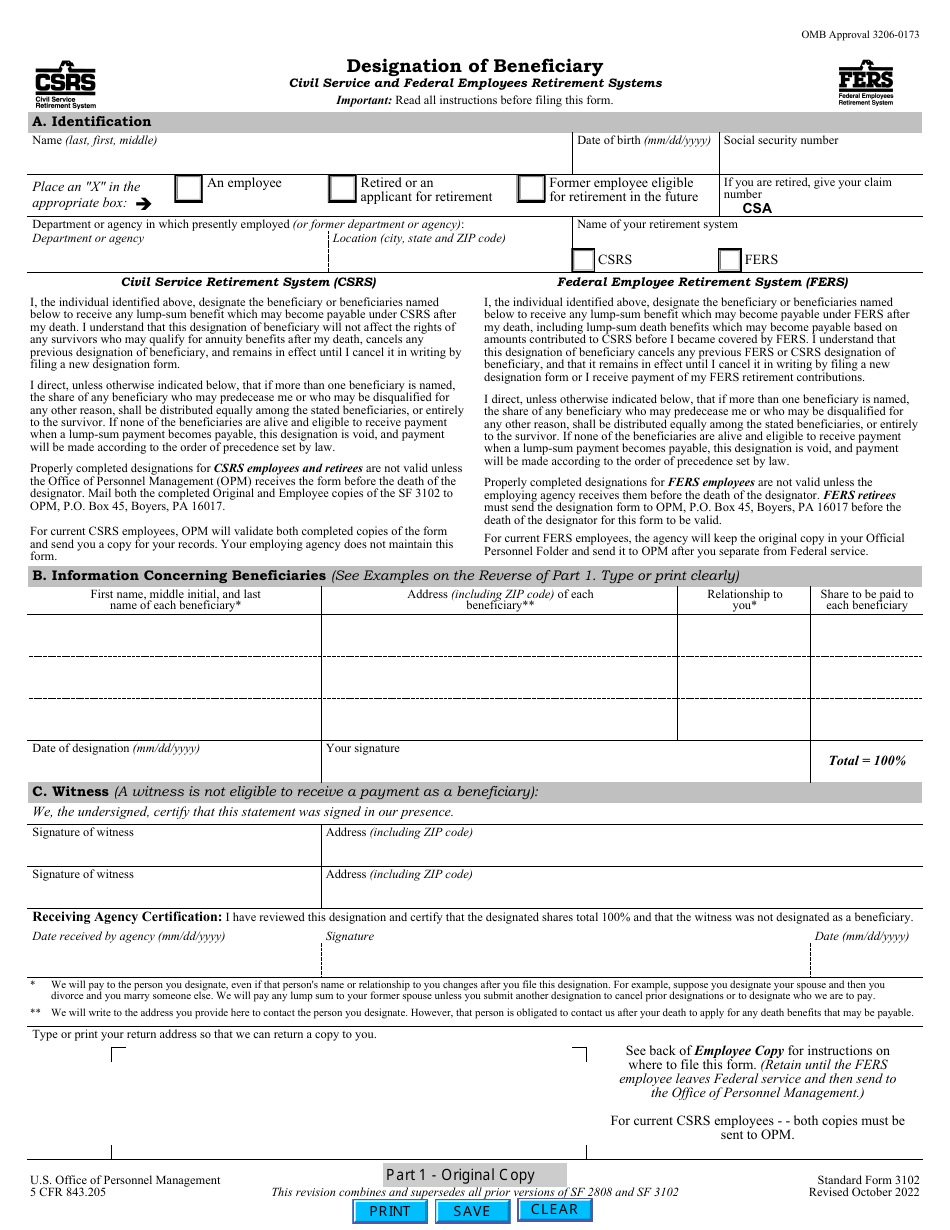 Form SF-3102 Designation of Beneficiary, Page 1