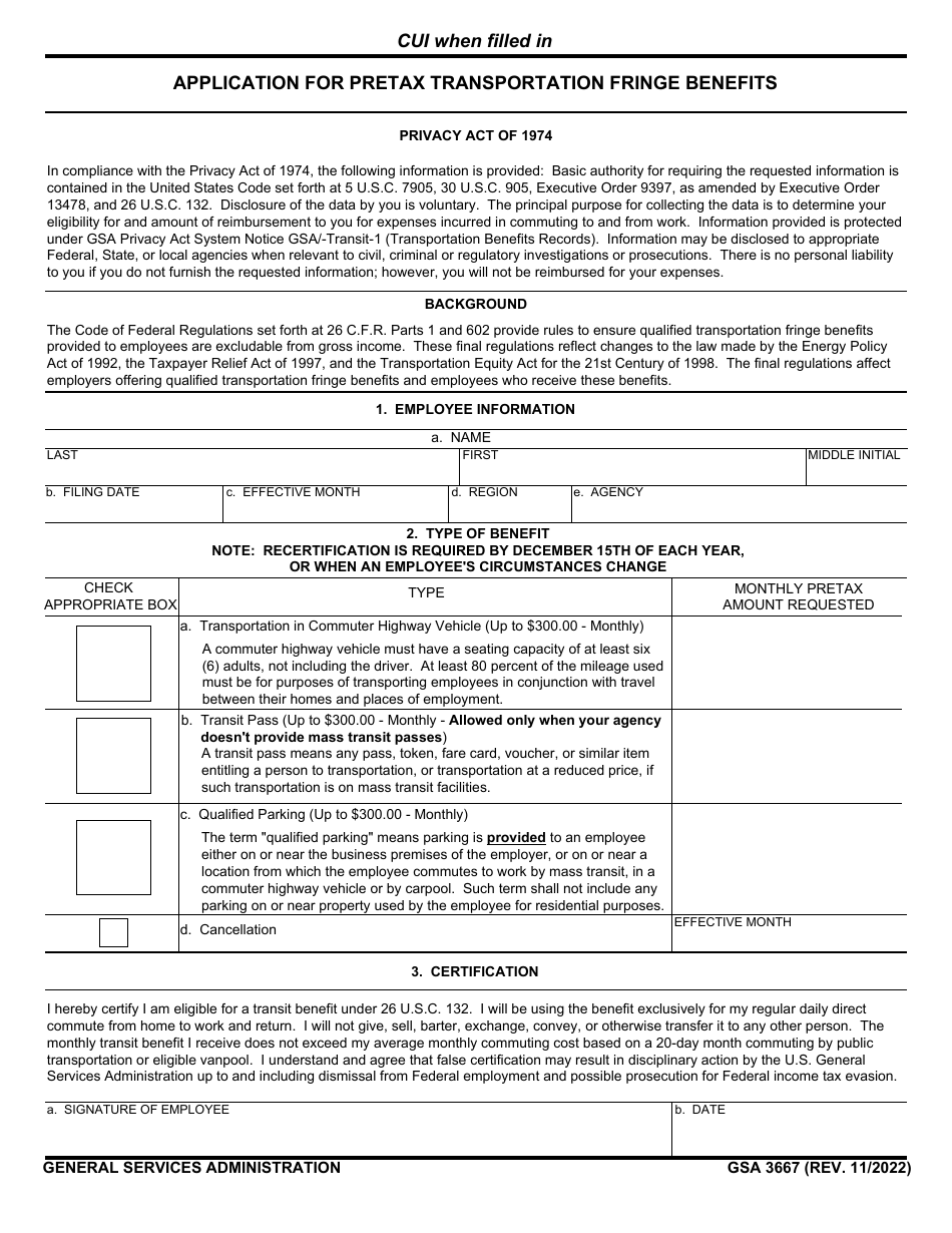 GSA Form 3667 Application for Pretax Transportation Fringe Benefits, Page 1
