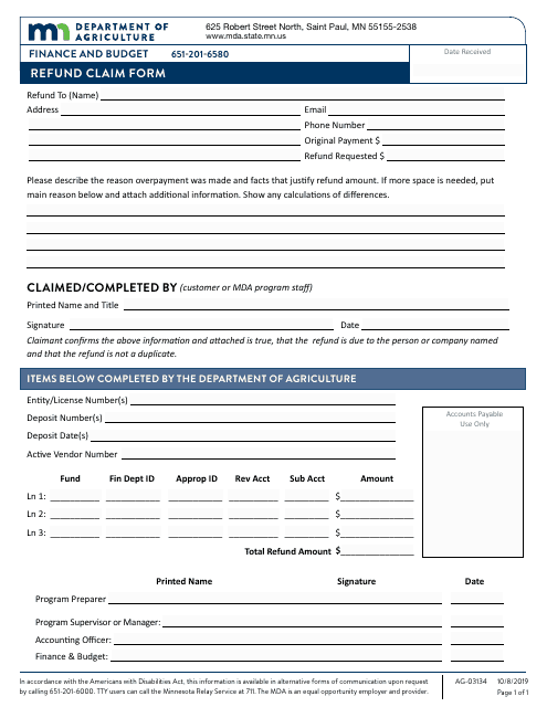 Form AG-03134 Refund Claim Form - Minnesota