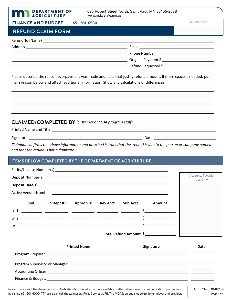 Form AG-03134 Refund Claim Form - Minnesota, Page 1