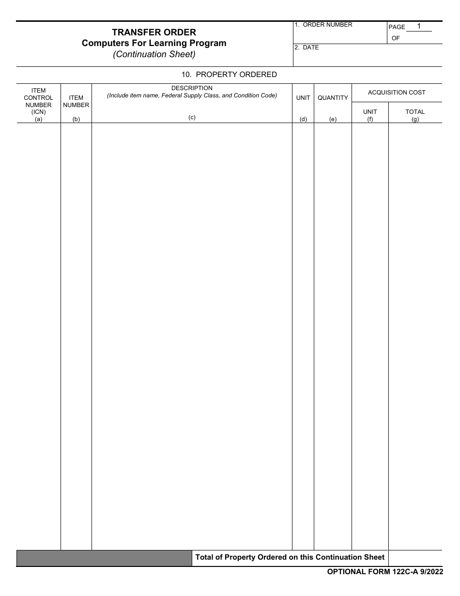 Form OF-122C-A Transfer Order - Computers for Learning Program (Continuation Sheet), Page 1
