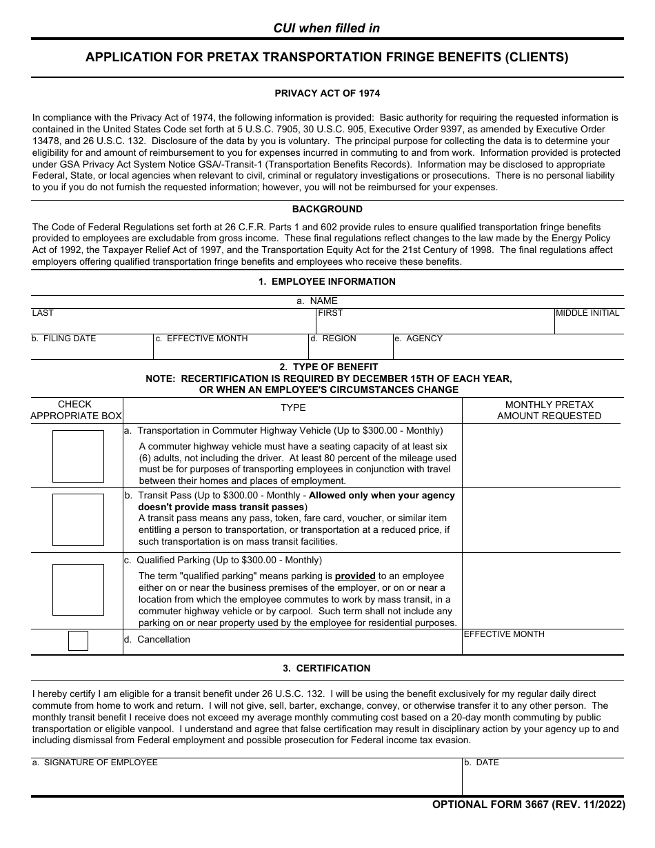Form OF-3667 Application for Pretax Transportation Fringe Benefits (Clients), Page 1
