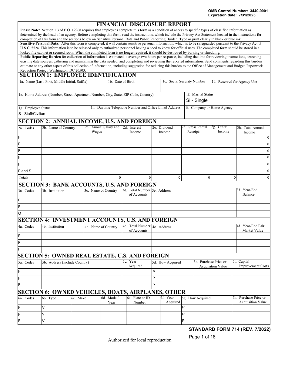 Form SF-714 Financial Disclosure Report, Page 1