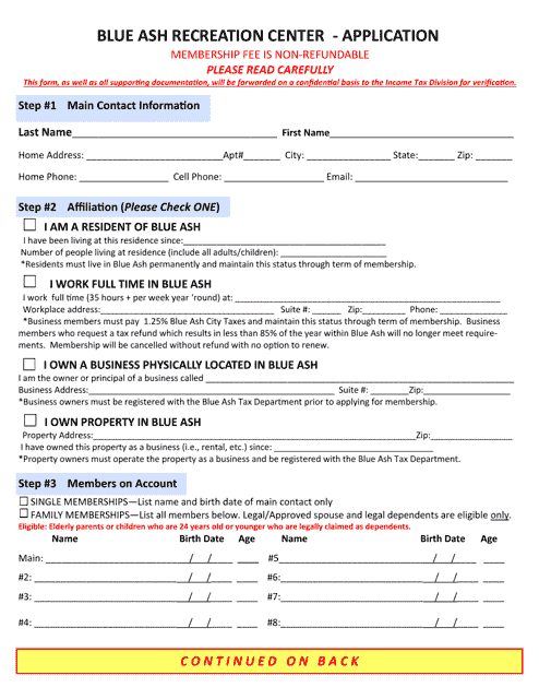Blue Ash Recreation Center Membership Application - City of Blue Ash, Ohio Download Pdf