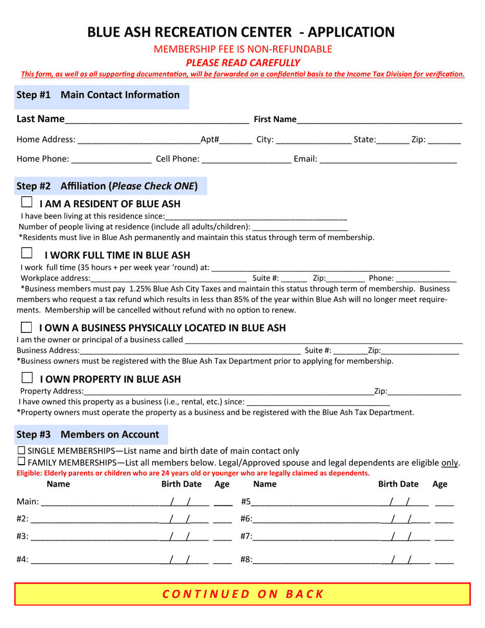 Blue Ash Recreation Center Membership Application - City of Blue Ash, Ohio, Page 1