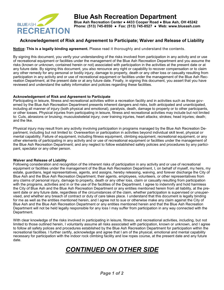Recreation Center Acknowledgement of Risk, Agreement to Participate and Waiver and Release of Liability - City of Blue Ash, Ohio, Page 1