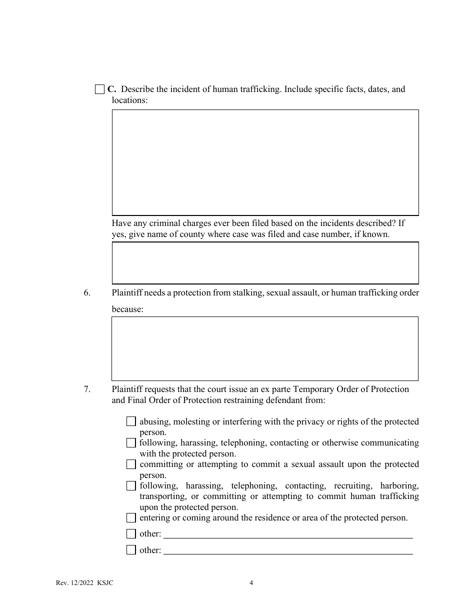 Petition for Protection From Stalking, Sexual Assault, or Human Trafficking Order - Kansas, Page 4