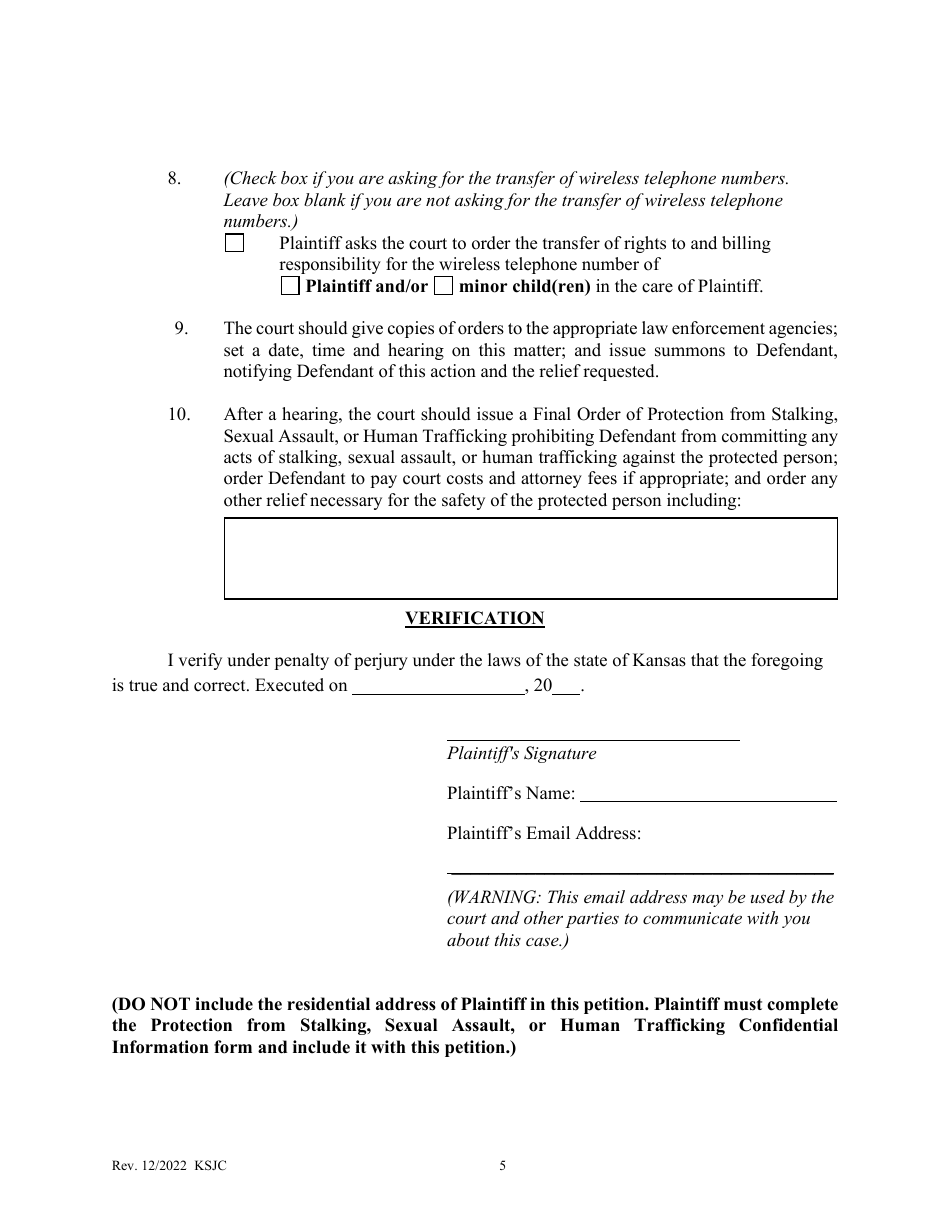 Kansas Petition for Protection From Stalking, Sexual Assault, or Human