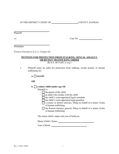 Petition for Protection From Stalking, Sexual Assault, or Human Trafficking Order - Kansas Download Pdf