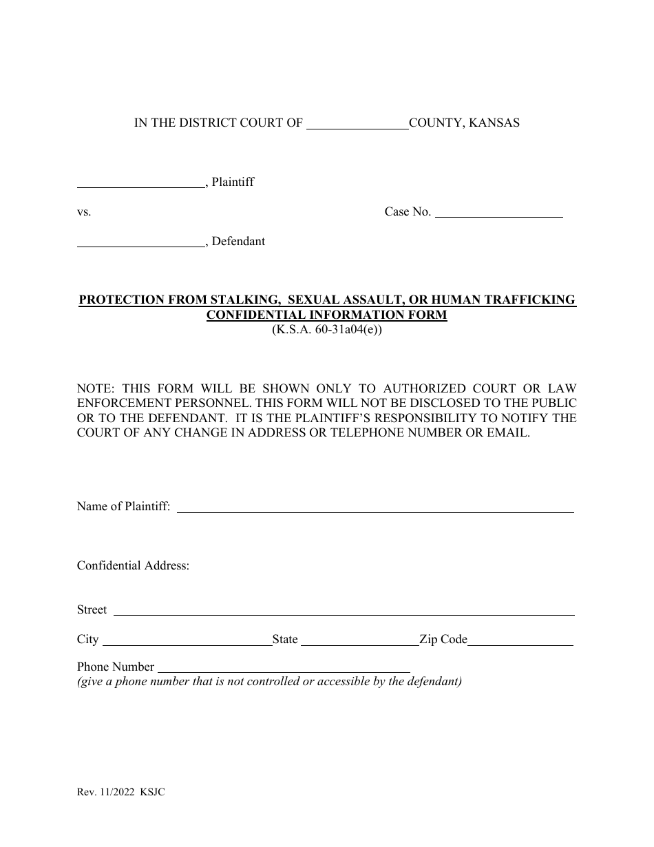 Protection From Stalking, Sexual Assault, or Human Trafficking Confidential Information Form - Kansas, Page 1
