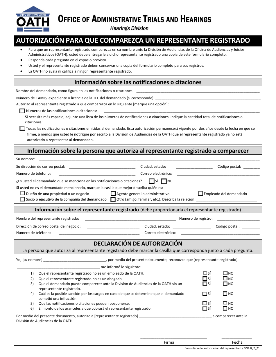 Formulario GN4 Autorizacion Para Que Comparezca Un Representante Registrado - New York City (Spanish), Page 1
