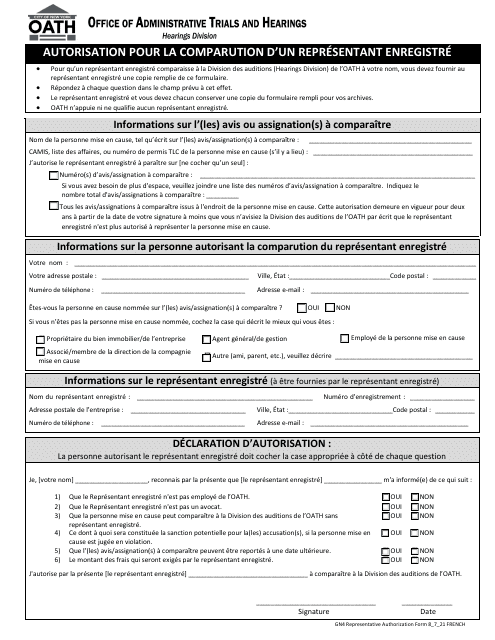 Form GN4 Representative Authorization Form - New York City (French)