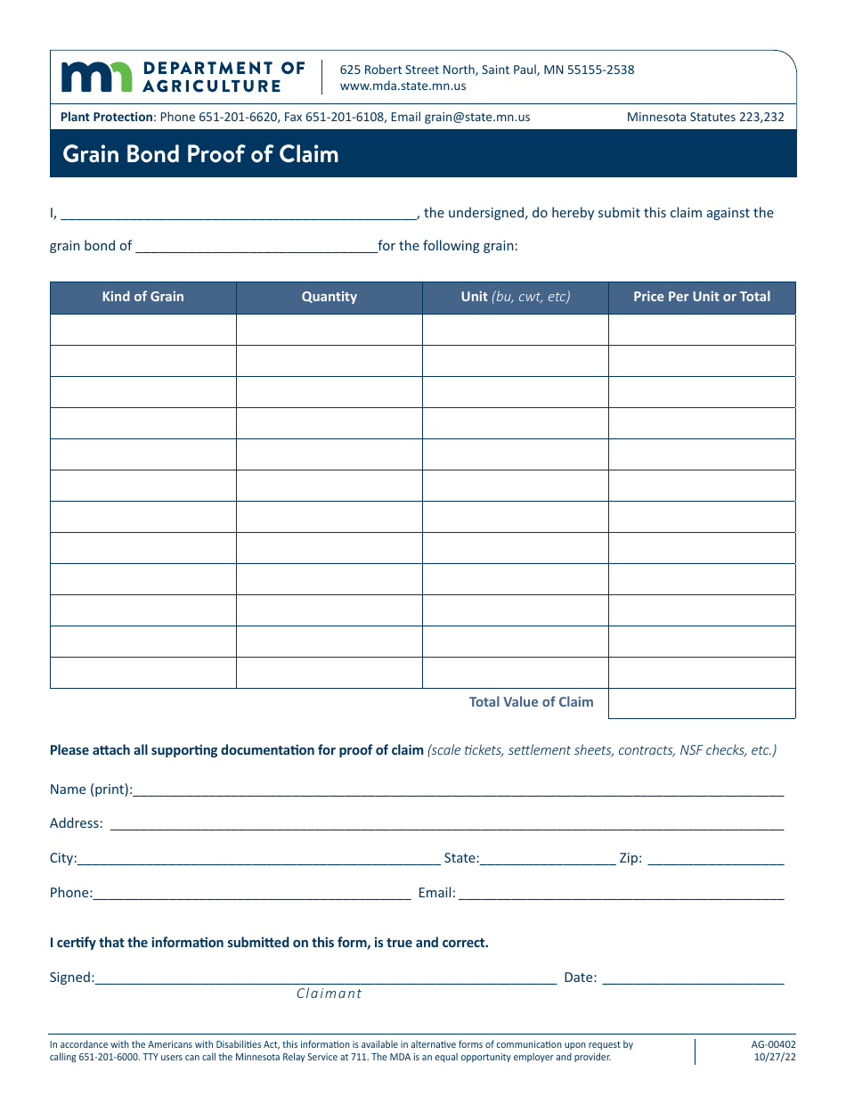 Form AG-00402 Grain Bond Proof of Claim - Minnesota, Page 1