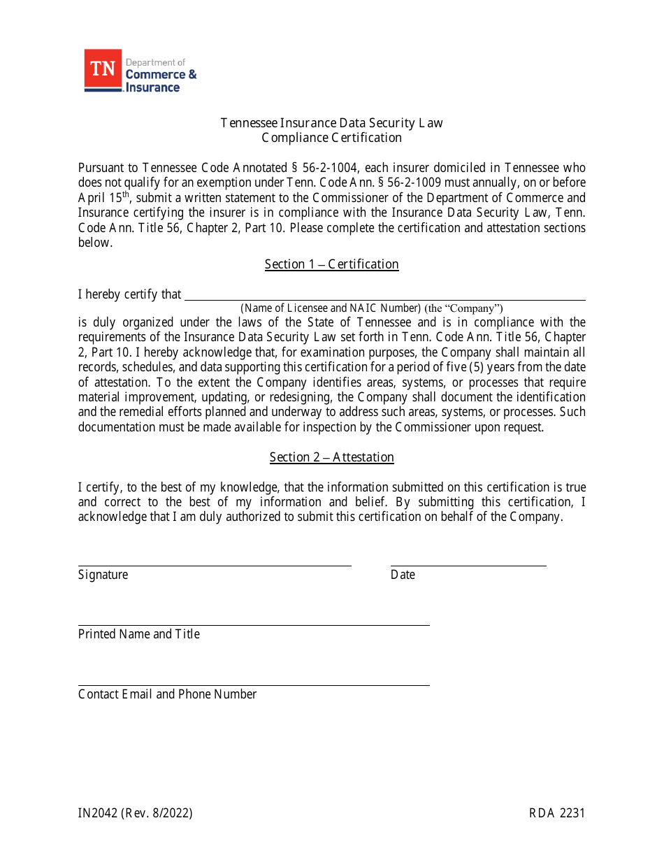 Form IN2042 Tennessee Insurance Data Security Law Compliance Certification - Tennessee, Page 1