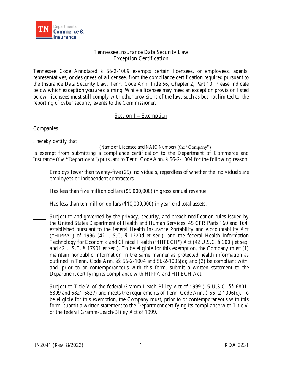 Form IN2041 Tennessee Insurance Data Security Law Exception Certification - Tennessee, Page 1