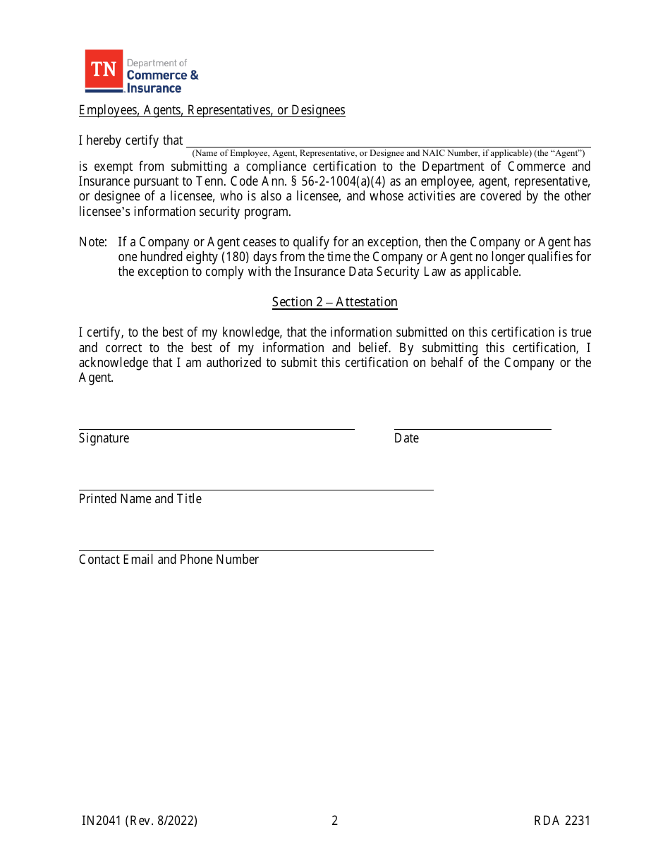 Form IN2041 Tennessee Insurance Data Security Law Exception Certification - Tennessee, Page 2