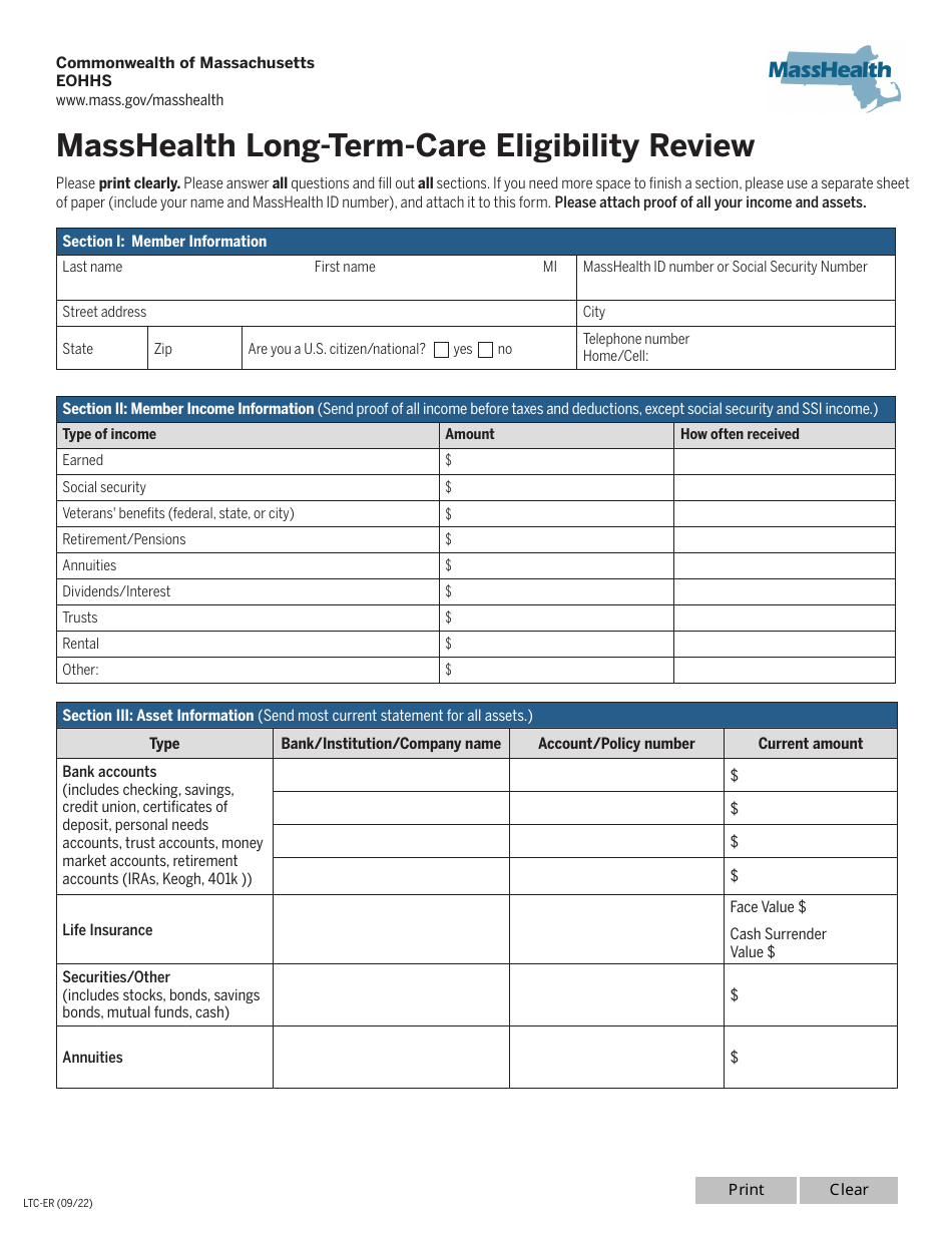 Form LTC-ER Masshealth Long-Term-Care Eligibility Review - Massachusetts, Page 1