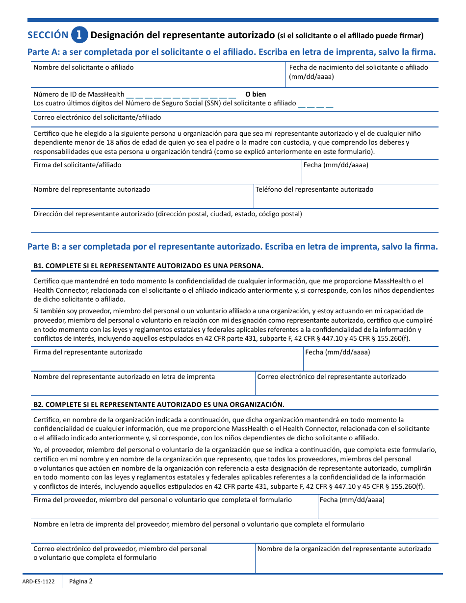 Formulario ARD-SP Formulario De Designacion Del Representante Autorizado - Massachusetts (Spanish), Page 2