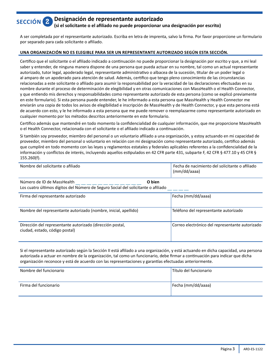 Formulario ARD-SP Formulario De Designacion Del Representante Autorizado - Massachusetts (Spanish), Page 3