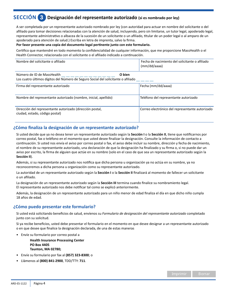 Formulario ARD-SP Formulario De Designacion Del Representante Autorizado - Massachusetts (Spanish), Page 4