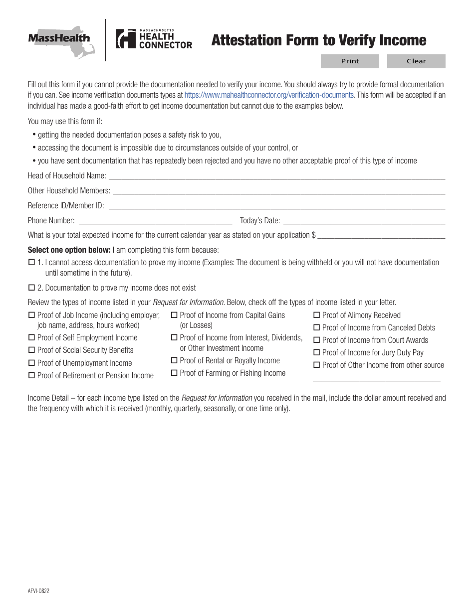 Form AFVI Attestation Form to Verify Income - Massachusetts, Page 1