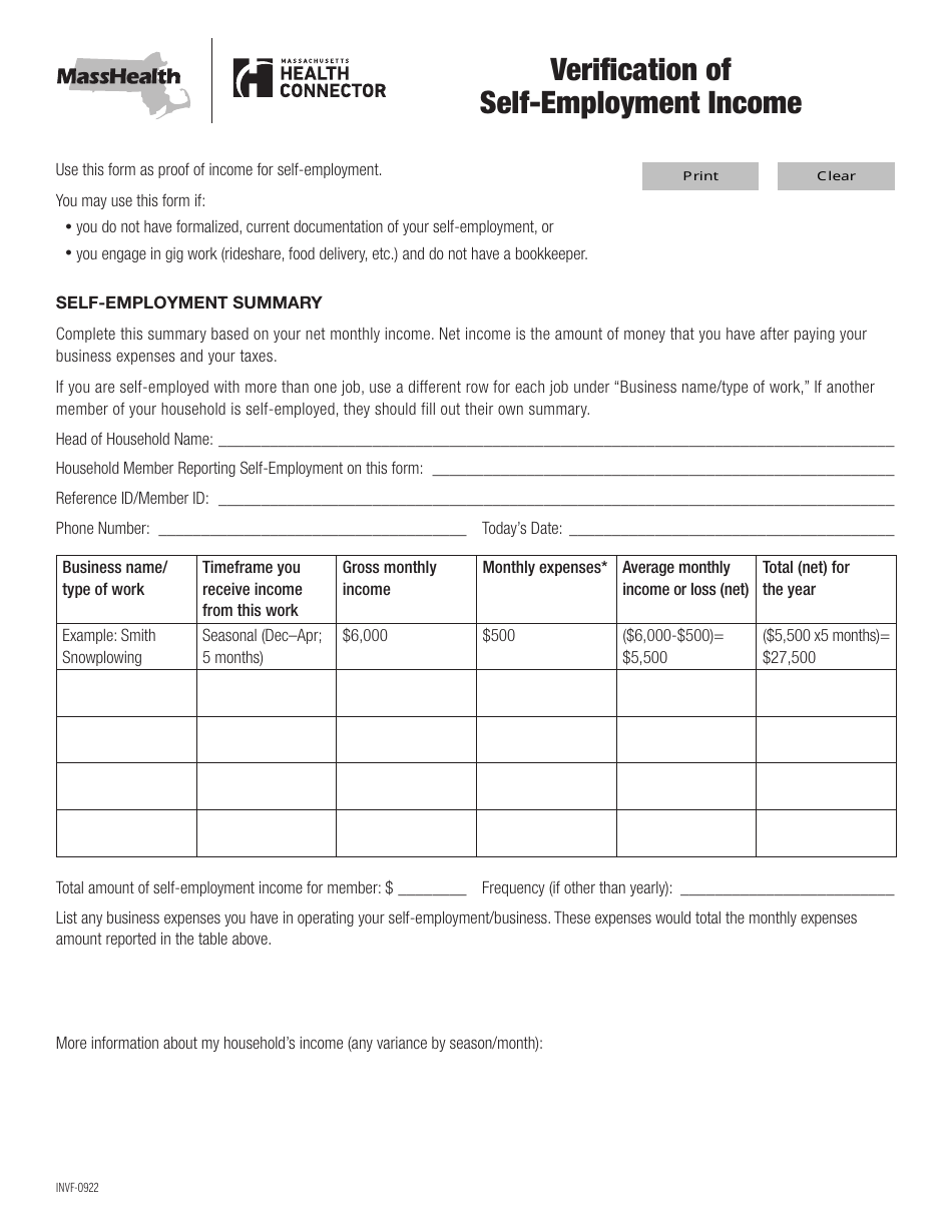 Form INVF Verification of Self-employment Income - Massachusetts, Page 1