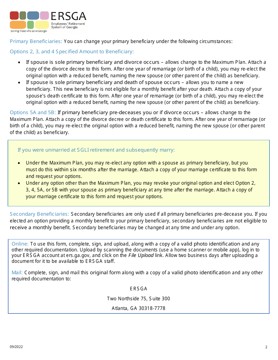 Form I2-ERS Sgli Change of Beneficiary Form - Georgia (United States), Page 2