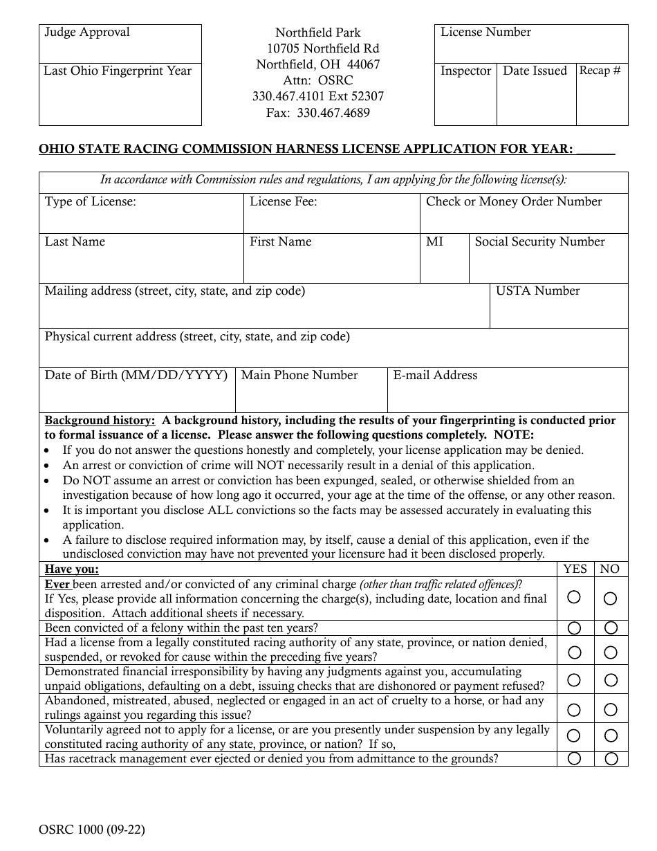 Form OSRC1000 Ohio State Racing Commission Harness License Application - Northfield Park - Ohio, Page 1