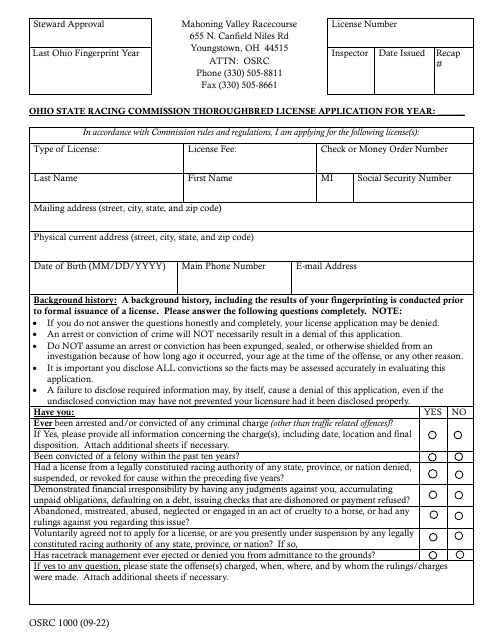 Form OSRC1000 Ohio State Racing Commission Thoroughbred License Application - Mahoning Valley Racecourse - Ohio